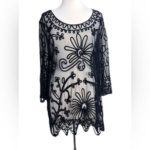 Pretty Angel Black Sheer Lace Embroidery Tunic / Swimsuit Cover Up Women’s Large